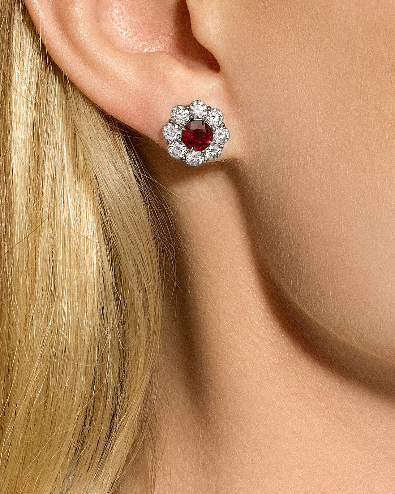 Pigeon's Blood Ruby & Diamond Stud Earrings